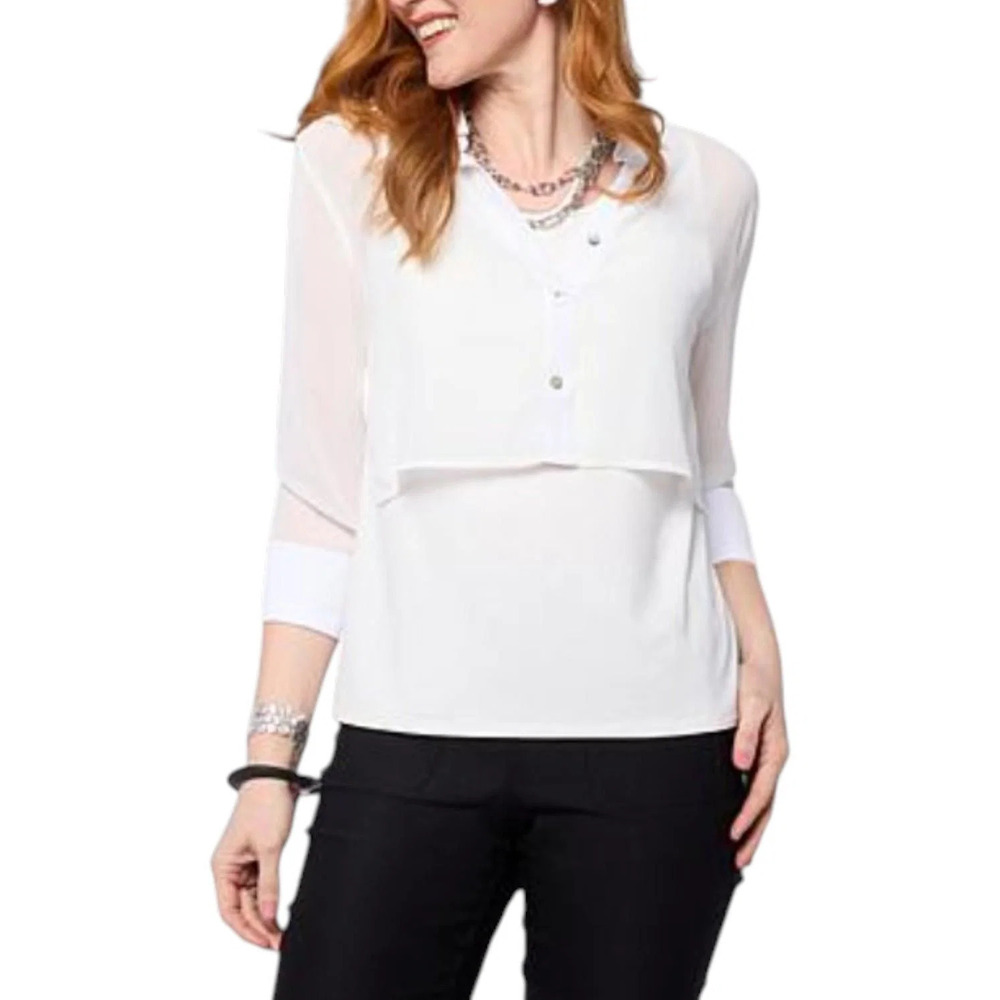 WynneLayers Women's Collared Long-Sleeve Cropped Shirt Cloud - Regular